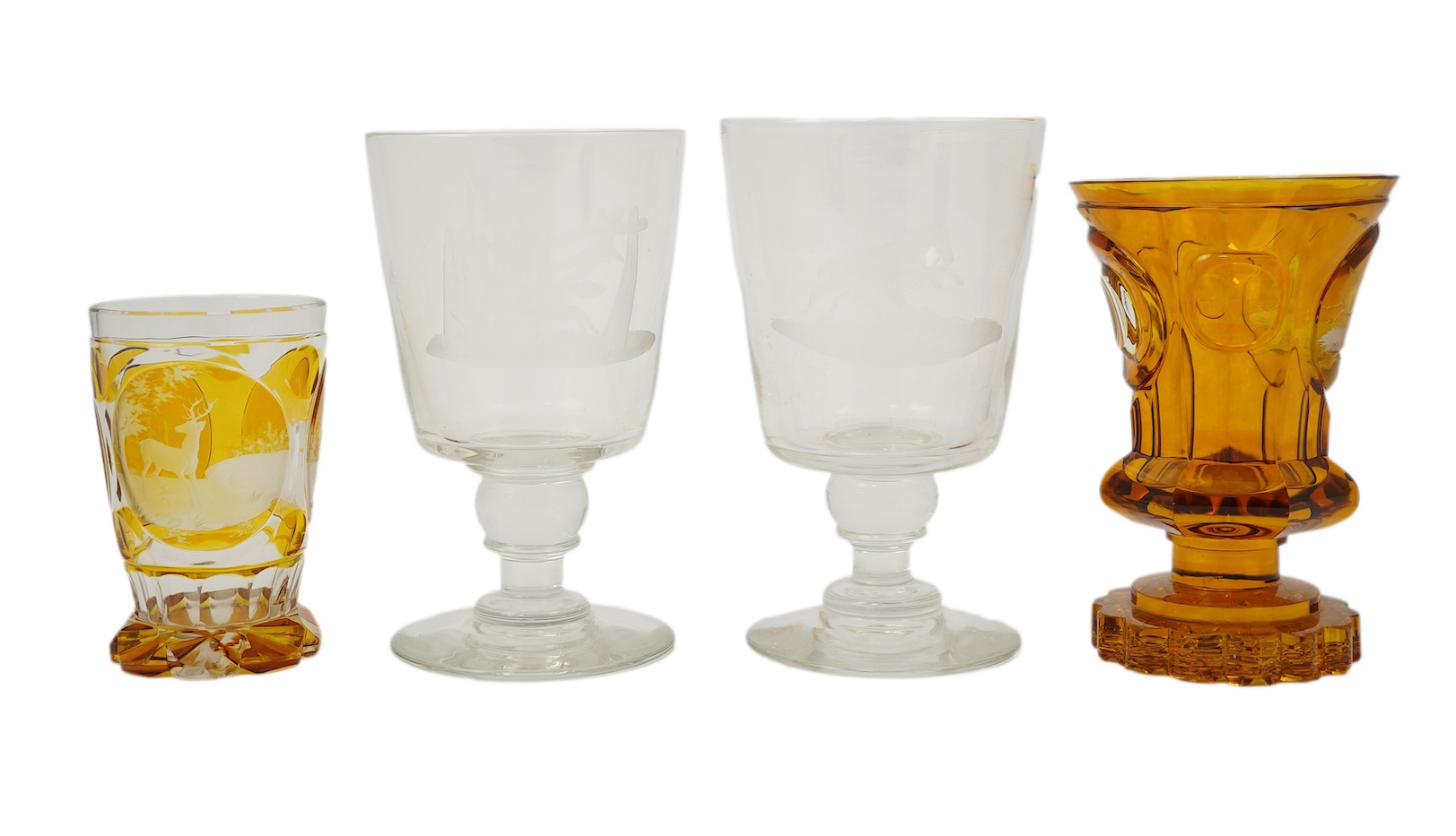 Horse interest - two German amber flashed beakers and two engraved rummers, 19th century